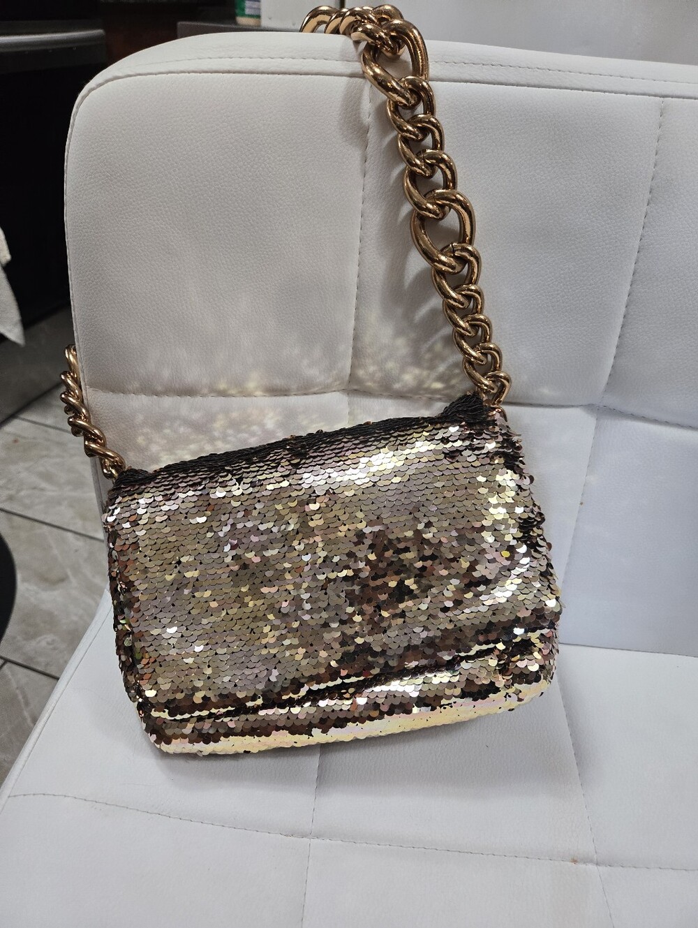 Zara Gold Sequin Mini Bag with Chunky Chain